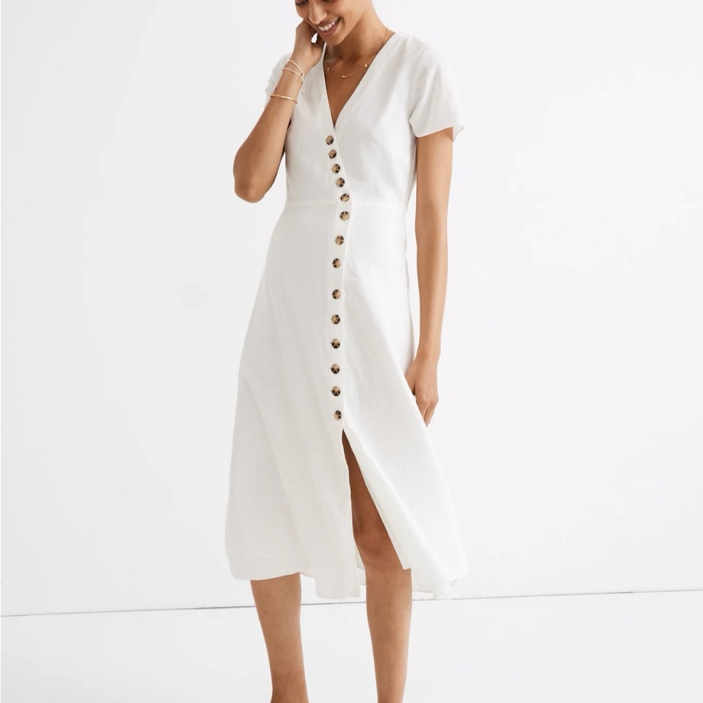 NWT Madewell Linen-Blend Button-Wrap Midi Dress